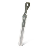 A telescopic straw in a transparent case with a grey clip. The straw has a metallic finish.