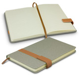 A grey notebook with a brown strap, featuring lined pages and an elegant design. It has an open and closed view.