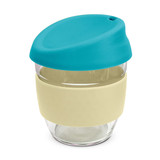 A drink bottle made of clear borosilicate glass with a teal lid and a beige silicone sleeve. It features a logo.