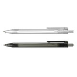A set of two plastic pens, one transparent and the other dark grey, both featuring clips and a logo.