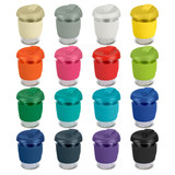 A drink bottle collection featuring various colours, including grey, orange, pink, green, and blue, with lids in matching hues.