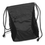 A black drawstring backpack featuring a zippered pocket and mesh side panels. It has a simple, sleek design.