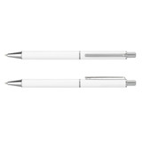 A metal pen in white with silver accents, featuring a clip and a sleek design. It has a logo on the surface.