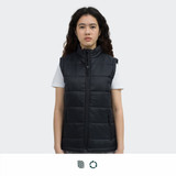 A black women's puffer vest with a high collar and zip-up front. It features a logo on the upper left side.