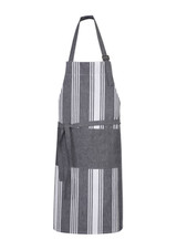 A grey and white striped apron with an adjustable neck strap and a waist tie, featuring a front pocket.