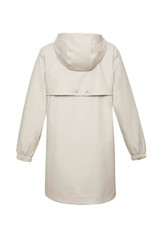 A light beige women's overcoat with a hood and elastic cuffs, featuring a back vent and a logo.