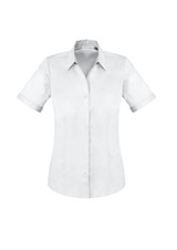 A white short sleeve button-up shirt with a fitted silhouette and rolled cuffs, featuring a logo.