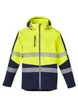 A unisex 2-in-1 stretch softshell jacket featuring a bright yellow and navy design, with reflective stripes and a hood.