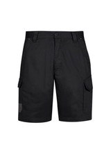 Black men's summer cargo shorts with side pockets and a basic button closure. Features branding.