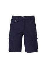 A pair of navy blue cargo shorts featuring multiple pockets and a metal loop detail.