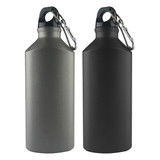 A drink bottle set featuring a matte grey and a matte black finish, each with a carabiner clip and a logo.
