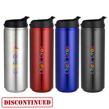 A drink bottle collection in silver, red, blue, and black, each featuring a logo and a black lid.
