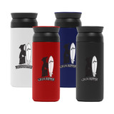 A drink bottle set featuring a white, red, navy, and black option, each with a logo printed on the front.