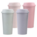 A collection of four reusable coffee cups in pastel colours: green, pink, lavender, and cream, each with a lid and branding.