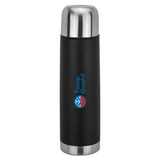 A drink bottle in black with a stainless steel top and a logo. It is designed for keeping beverages hot or cold.