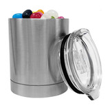 A stainless steel coffee mug with a clear lid, filled with colourful jelly beans.