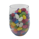 A transparent plastic cup filled with colourful jelly beans in various shades. The cup features a smooth, rounded design.
