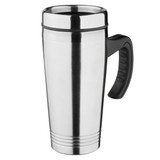 A travel mug with a shiny silver stainless steel body and a black handle, featuring a simple design.