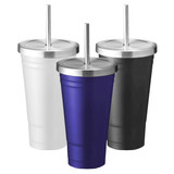 A drink bottle set featuring three tumblers in white, navy blue, and black, each with a stainless steel lid and straw.