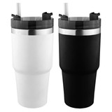 A drink bottle set featuring a white and a black tumbler with a grey lid and straw, both with a sleek design and branding.