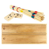 A wooden play set featuring colourful pick-up sticks, dominoes, and a wooden base. The wood is light and natural.