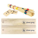 A wooden play set featuring colourful pick-up sticks and a set of dominoes, all in a natural wood finish.
