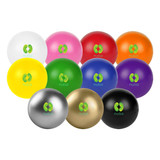 A collection of stress balls in various colours, including pink, yellow, blue, and black, featuring a logo.