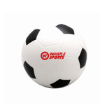 A small white stress soccer ball with black patches and a logo. Ideal for stress relief and fun activities.