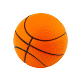 An orange stress ball shaped like a basketball, featuring textured grooves and black detailing.