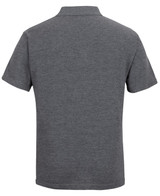 A grey polo shirt featuring a short sleeve design and a collar. The back view displays a simple and clean style.