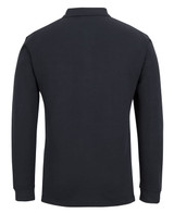 A long-sleeve black polo shirt featuring a classic collar and a small logo on the back.