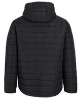 A hooded puffer jacket in black, featuring a quilted design and a prominent hood at the back.