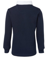 A navy and white polo shirt for kids featuring a classic collar and long sleeves, with a logo on the front.