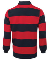 A rugby shirt featuring navy and red horizontal stripes, with a collar and long sleeves. It has a logo on the side.
