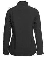 A black softshell jacket with a high collar, featuring a simple design and a logo on the back.