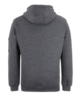 A grey work hoodie featuring a hood and long sleeves, with a logo on one sleeve.