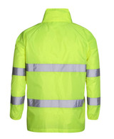 A bright lime work jacket featuring reflective silver stripes and a high collar. Includes a logo on the design.