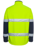 A high-visibility three-layer softshell jacket in bright yellow with navy sleeves and reflective strips.