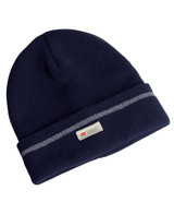 A navy beanie featuring a reflective stripe and a small logo label. Suitable for headwear.