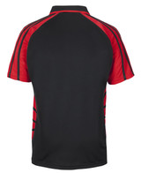A polo shirt featuring a black body with red accents and a logo on the front.