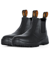 A pair of black soft toe boots with elastic side panels and pull tabs at the heel, featuring a brand logo.