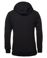 A black hoodie featuring a hood, with a simple design and no visible logos.