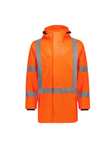 An orange heavy-duty waterproof jacket with reflective grey stripes and a hood, featuring a logo on the front.