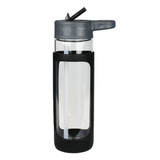 A drink bottle with a transparent glass body, grey silicone cover, and flip-top lid for easy sipping.