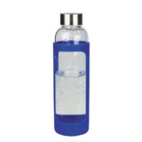 A drink bottle with a transparent glass body and a blue silicone cover, featuring a stainless steel lid.