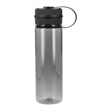 A drink bottle in grey with a black cap and a carrying loop, made from recycled R-PET material.
