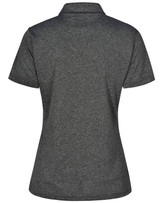 A grey short sleeve polo shirt with a collar and a subtle texture, featuring a logo on the collar.