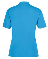A blue women's polo shirt featuring a collar and short sleeves, with a branding logo on the back.