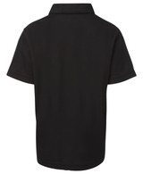A black short-sleeved polo shirt featuring a collar and a logo on the front.