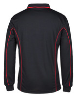 A black long-sleeve polo shirt with red piping and a logo on the back.
